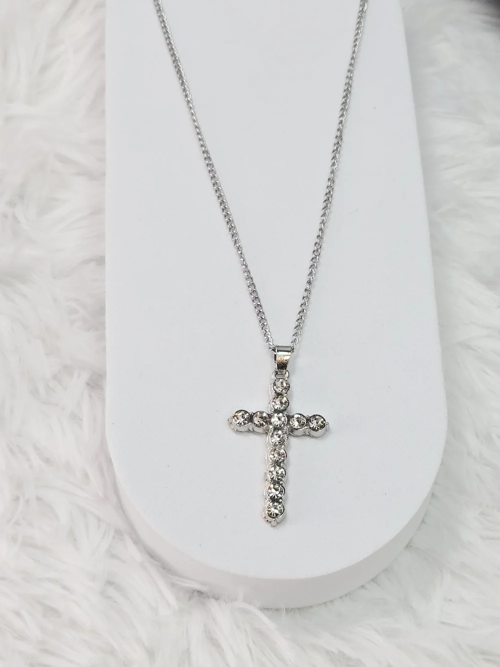 Iced Out Cross Necklace Rhinestone Pendant Stainless Steel Silver Hip Hop Bling